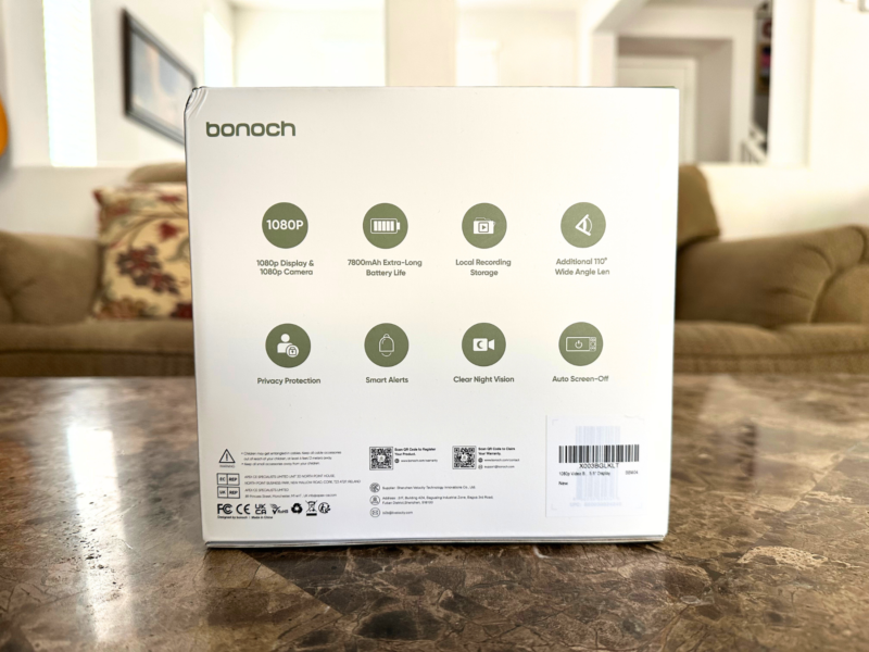 bonoch box showcasing a variety of features offered including: long lasting battery, local recording storage, smart alerts, and clear night vision.