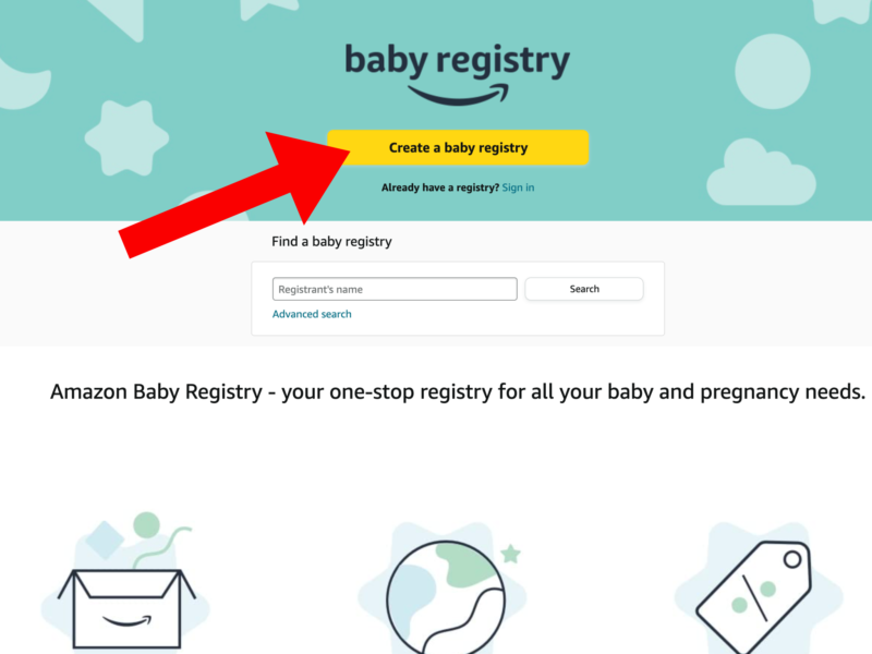 Amazon baby registry welcome page with 'Create a baby registry' button