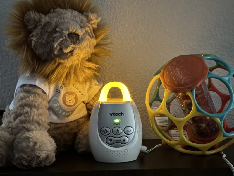 VTech DM221 Baby Monitor Child Unit plugged in showing green power light and night light