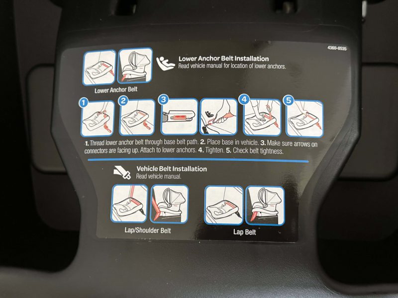 Maxi Cosi base in vehicle using lower anchor belt installation or vehicle belt installation methods. 