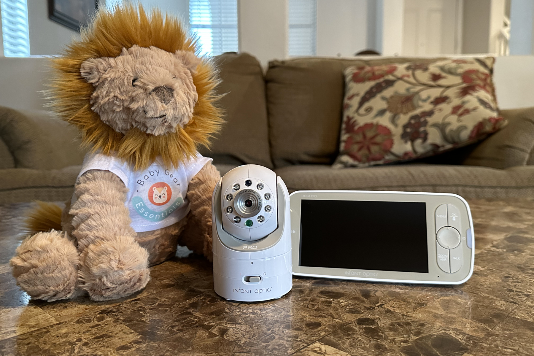 Infant Optics DXR-8 Pro monitor and camera with the Baby Gear Essentials lion
