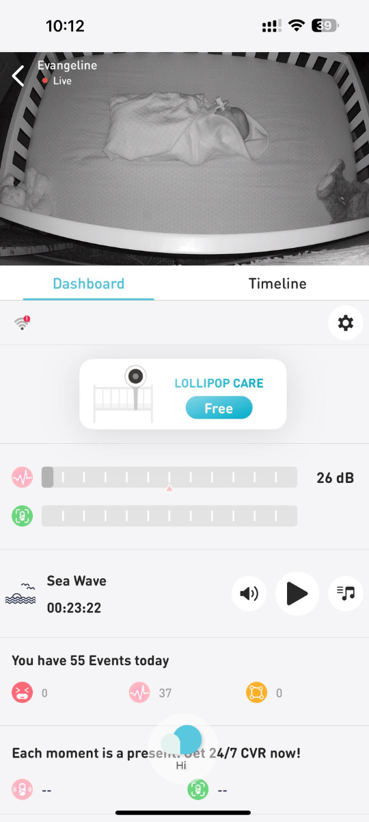 Lollipop baby monitor app showing live video of infrared night vision