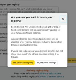 Deleting your Amazon baby registry confirmation box