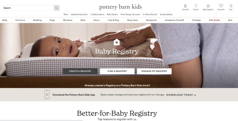 Pottery Barn Kids baby registry creation page