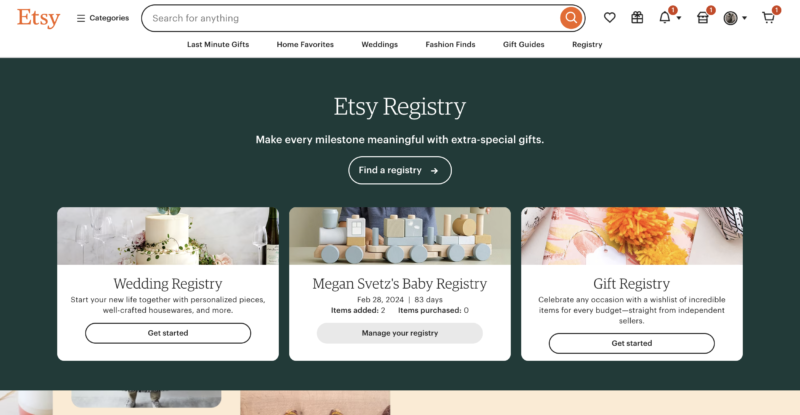 Etsy's baby registry page