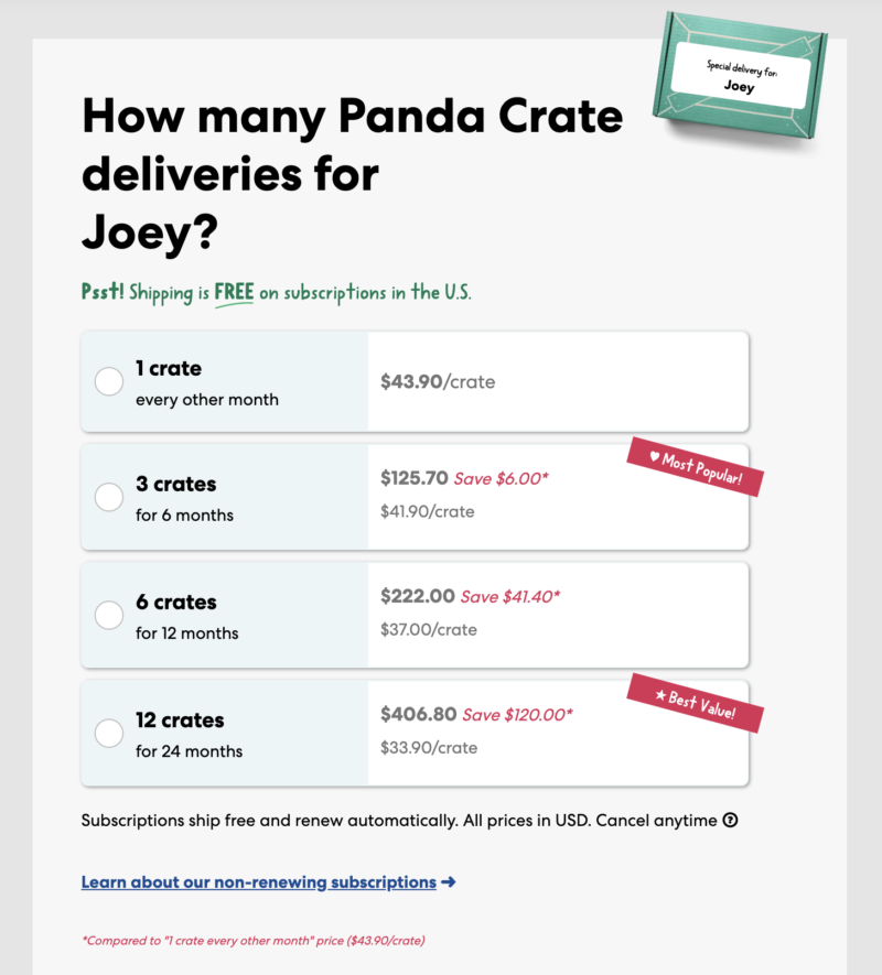 Panda Crate subscription plan costs and frequency