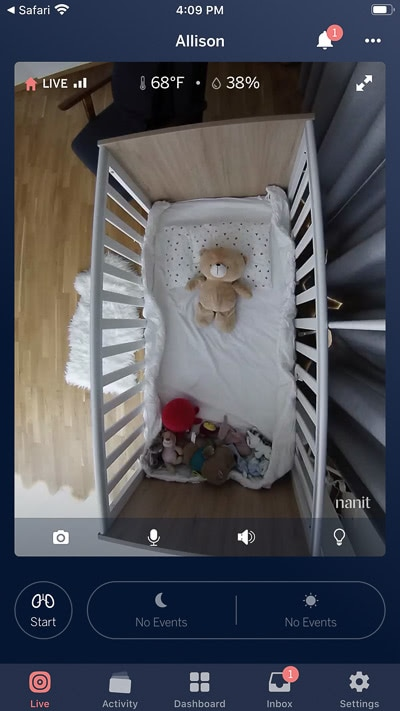 Nanit Plus app live feed tab - Baby Gear Essentials